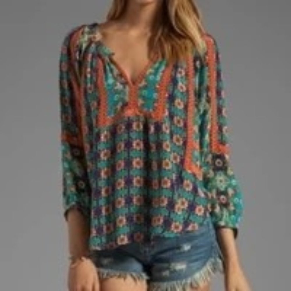 Tolani Womens‎ Turo Floral Silk Peasant Blouse Size S Small Boho 3/4 Sleeve
